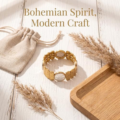 Chunky Hammered Geometric Bangle Bracelets Gold Coin Statement Cuff for Women Boho Elastic Adjustable Statement Bracelet