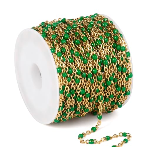33FT 2mm Gold Cable Chains Green Enamel Chains Bulk Roll for Jewelry Making | 18K Gold PVD Plated Stainless Steel Enamel Beaded Chains Roll for Necklace Bracelet - color: Gold Green Beads