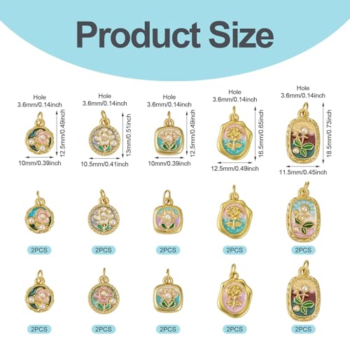 20Pcs Alloy Enamel Flower Golden Charms Flat Round Oval Floral with Acrylic Pearl Bead Charms 3D French Style Oil Painting Pendants for Bracelet Necklace Earring DIY Crafts - color: Golden Plated, 10 Styles