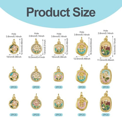 20Pcs Alloy Enamel Flower Golden Charms Flat Round Oval Floral with Acrylic Pearl Bead Charms 3D French Style Oil Painting Pendants for Bracelet Necklace Earring DIY Crafts - color: Golden Plated, 10 Styles