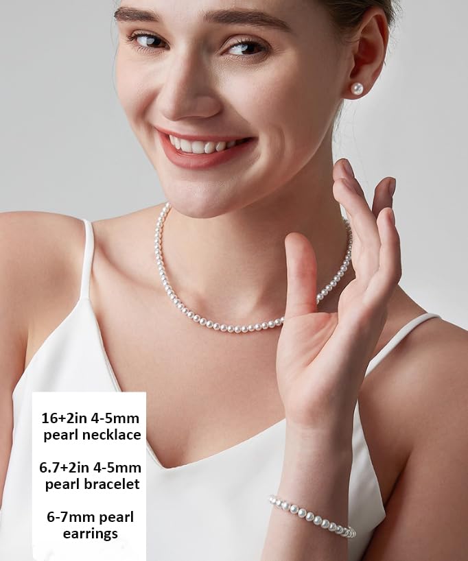 White Genuine Freshwater Cultured Pearl Necklace For Women And Men | Full Sizes from 3mm to 14mm Freshwater Pearls, AAA Grade & Above, A Love Gift Choice For Anniversaries And Birthdays - size: 4-5mm Pearl Set