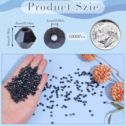1000Pcs 4mm Faceted Crystal Glass Bicone Beads Loose Bead for DIY Bracelet Necklace Earring Keychain Jewelry Making,Black AB - color: Black AB