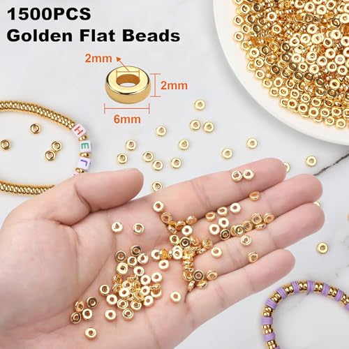 1500pcs 6mm Gold Flat Round Spacer Beads for Jewelry Making | CCB Material Gold Plated, for DIY Necklace Bracelet Earrings, 2mm Hole Easy Threading,Flat Round Disc Loose Spacer Bead - color: Gold