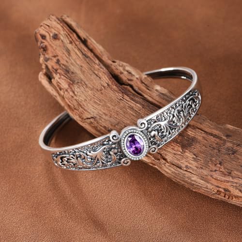 Genuine Amethyst Cuff Bracelet, 925 Sterling Silver Vintage Filigree Engraved Open Bangle Purple Gemstone Boho Jewelry February Birthstone Gift for Women - style: Style B