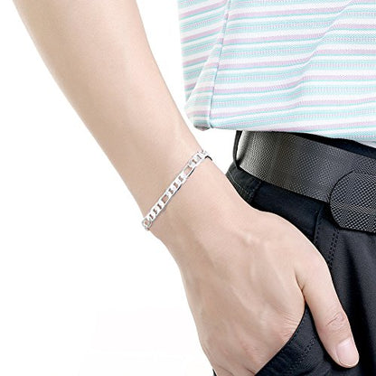 Sterling Silver 6mm Solid Figaro-Link Chain Bracelet 8", Simple and Classic.For Men or Women