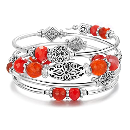 FULU AUTUMN Stackable Beaded Bracelets for Women Boho Wrap Silver Bracelet Layered Fashion Jewelry Gifts for Her - color: Bright orange