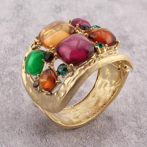 Gold Cuff Bracelet for Women Chunky Bracelet Statement Bracelet | Chunky Bangle Bracelets for Women Silver Beaded Open Bangle Stackable Stretch Bead Bracelet Boho Jewelry Gift for Wife Couple - style: Colorful Stone Bangles