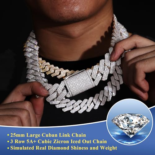 Ucciyo 30MM/25MM Cuban Link Chain for Men, Luxury Iced Out Diamond Chain | Luxurious Diamond-Simulated, Large Miami Cuban Style, 18K Gold Plated - color: 25MM-Silver, size: 18 Inch(Choker)