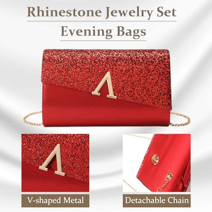 YYW 4 Pieces Women Evening Handbags Clutch Purse Bag with Rhinestone Crystal Jewelry Set for Wedding Party - color: red 1