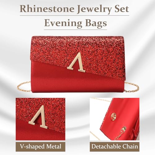 YYW 4 Pieces Women Evening Handbags Clutch Purse Bag with Rhinestone Crystal Jewelry Set for Wedding Party - color: red 2