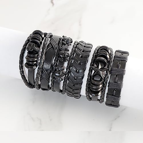 6Pcs Men Braided Leather Bracelet Black Punk Rock Skull Bracelet - color: B: Black
