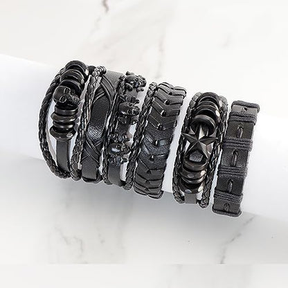 6Pcs Men Braided Leather Bracelet Black Punk Rock Skull Bracelet - color: B: Black