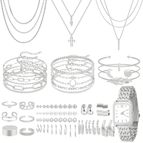 NEWITIN 61 Pieces Gold Jewelry Set for Women Fashion Costume Watch Jewelry | Bohemian Jewelry, Cubic Zirconia, Gold Plated Necklaces Bracelets Watch Rings Earrings Set for Women Party Daily, Women Gifts - color: Silver