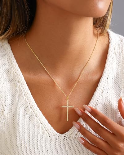 Cross Necklace for Women, 14K Gold Plated Cubic Zirconia Cross Pendant Necklace, Trendy Christian Jewelry Gifts for Baptism First Communion Christmas - color: Style H - Gold