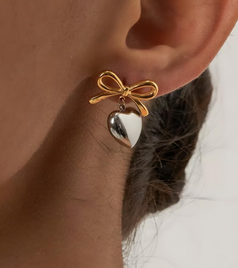 18K Gold Plated & Silver Chunky Heart & Bow Earrings for Women, Chunky Heart Dangle Hoops/Tiny Studs, Kawaii Dainty Hypoallergenic Jewelry for Multiple Piercings, Gift for Her - style: Bow and Heart
