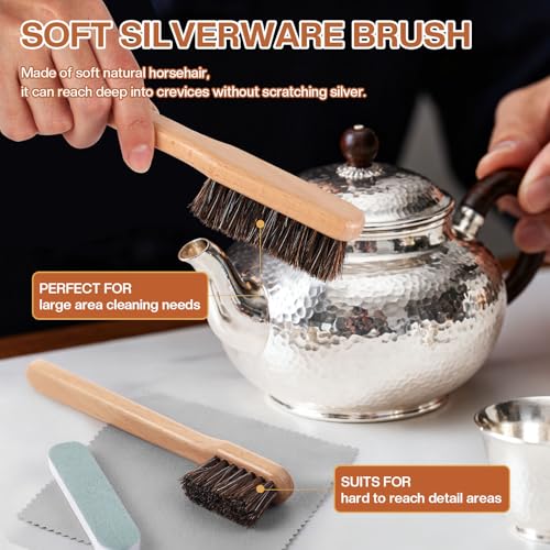 4 Pcs Horsehair Silver Cleaning Brushes Dauber Sterling Detail Polish Brush Applicator Set with Polishing Cloth for Silverware Plateware Jewelry Cleaner(Style B) - style: Style B