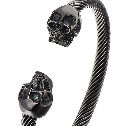 COOLSTEELANDBEYOND Elastic Adjustable Unique Mens Skull Cuff Bangle Steel Twisted Cable Bracelet Polished - color: A-Metal Color: Black