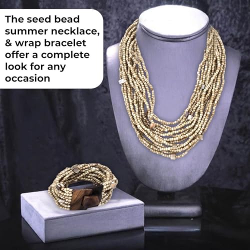 Shop LC Seed Bead Necklace Bracelet Set Boho Jewelry for Women | Multi Layered Boho, Wooden Clasp, 18 Inch Necklace, Stretchable Bracelet - color: Beige
