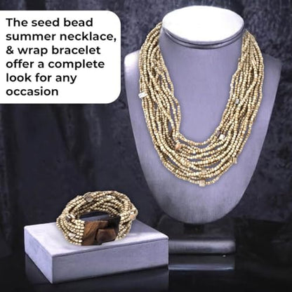 Shop LC Seed Bead Necklace Bracelet Set Boho Jewelry for Women | Multi Layered Boho, Wooden Clasp, 18 Inch Necklace, Stretchable Bracelet - color: Beige