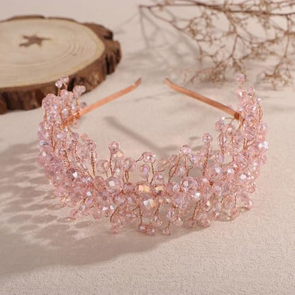 Denifery Large Crystal Headband for Wedding Bridal Hair Band Headpiece for Party Prom Hair Accessories (pink) - color: pink