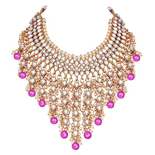 Aheli Elegant Indian Wedding Wear Faux Kundan Studded Choker Necklace with Maang Tikka Set Ethnic Fashion Jewelry for Women Maroon Kundan & Pearl Drop - color: Rani Pink