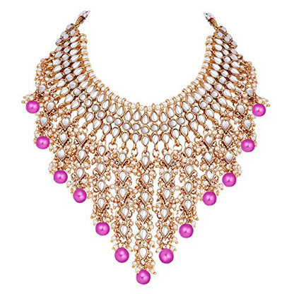 Aheli Elegant Indian Wedding Wear Faux Kundan Studded Choker Necklace with Maang Tikka Set Ethnic Fashion Jewelry for Women Maroon Kundan & Pearl Drop - color: Rani Pink