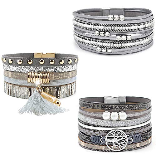 Wowanoo 3Pack Leather Cuff Bracelet Set Multilayer Wrap Bracelet Crystal Feather Tree Bracelet Magnetic Clasp Bracelet for Women - color: Grey