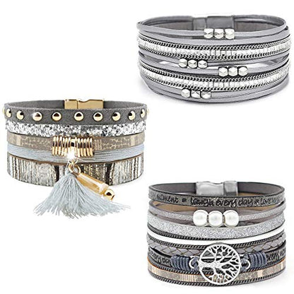 Wowanoo 3Pack Leather Cuff Bracelet Set Multilayer Wrap Bracelet Crystal Feather Tree Bracelet Magnetic Clasp Bracelet for Women - color: Grey