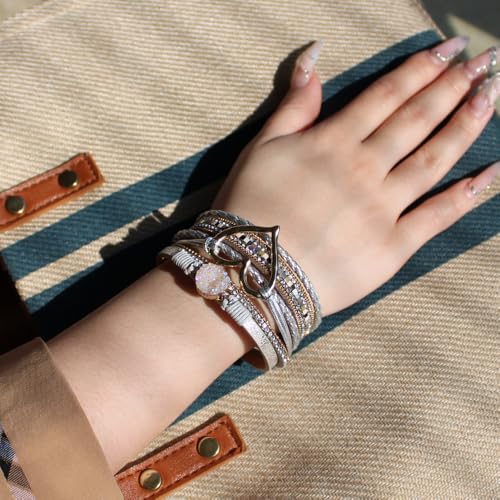 Womens Love Heart Leather Wrap Bracelet Multi-layer Stacked Bangle | Magnetic Clasp Soft PU Leather Resin Stone Rhinestone Boho Style Birthday Valentine Christmas Bohemian Jewelry Gift - color: White-gold
