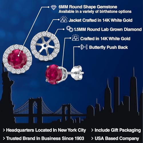 Gem Stone King 14K White Gold 6MM Round Gemstone Birthstone Stud Earrings with Removable Jackets and Lab Grown Diamond Accents | Gold Earrings For Women | Fine Jewelry Gift for Her Mom Women Wife - color: Created Ruby-July