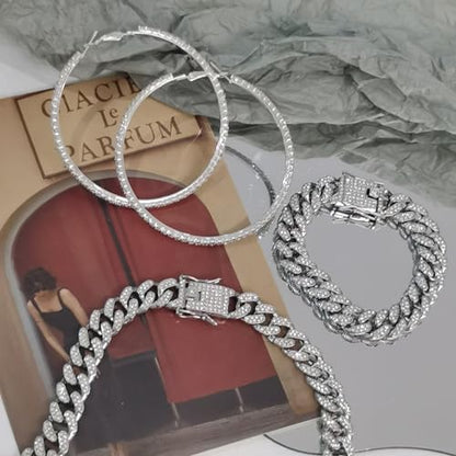 HAXIYA Tennis Necklace Bracelet for Women, Sterling Sliver Jewelry Set, Silver/Gold Chocker Necklace, Crystal Bracelet for Women, Wedding Jewelry for Bride, Sparkly Party Prom Hypoallergenic - color: Cuban Set of 3 - Silver