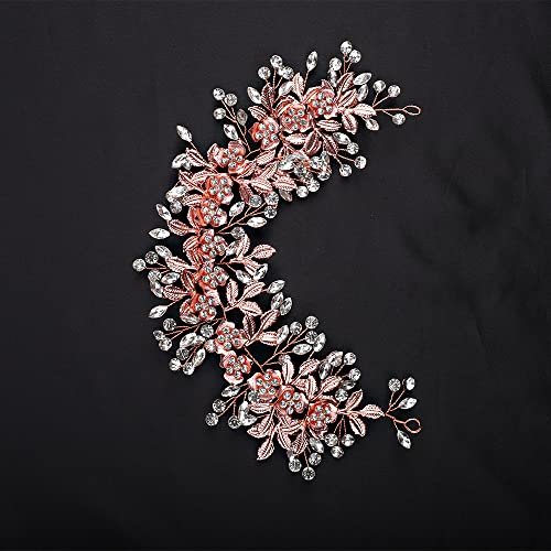 Bridal Flower Vine Leaf Hair Band with Rhinestones - Elegant Headpiece for Bride, Bridesmaid, Flower Girl, Prom, and Special Occasions (Rose Gold) - color: Rose Gold