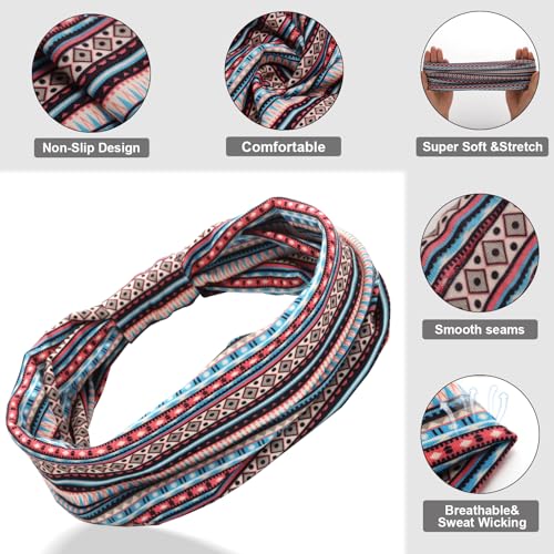 Cobahom 6 PCS Wide Headbands for Women's Hair 9.85 Inch Boho Head Bands | Sport Sweat Stretchy Hair Bands Non Slip Twist Knotted Headbands Cute Soft Headband for Running Workout (Boho Stripe)