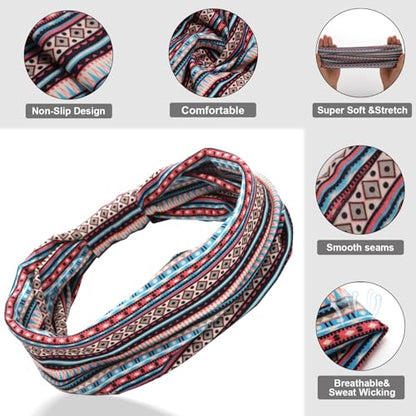 Cobahom 6 PCS Wide Headbands for Women's Hair 9.85 Inch Boho Head Bands | Sport Sweat Stretchy Hair Bands Non Slip Twist Knotted Headbands Cute Soft Headband for Running Workout (Boho Stripe)