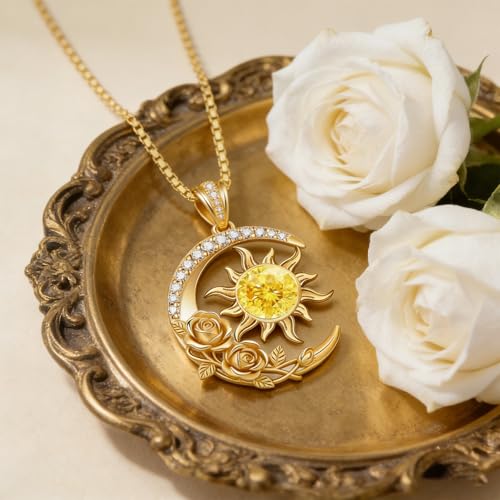 Midari 18K Yellow Gold Sun Moon Star Pendant Rose Flower Necklaces I Love You Forever Sun Moon Jewelry Gift for Mother Women - color: 11-Nov-Citrine, style: Sun&Moon