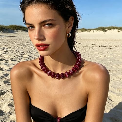Beaded Necklace for Women Statement Chunky Necklace Boho Bead Choker Acrylic Big Bead Necklaces Summer Beach Jewelry for Women - color: Red