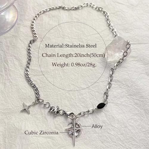 Gothic Cross Star Necklace For Men Women Silver Stainless Steel Cuban Link Paperclip Figaro Bead Chain Punk Kpop Y2k Goth Irregular Layered Cross Pendant Necklace Non Tarnish Jewelry Gift - color: Silver D