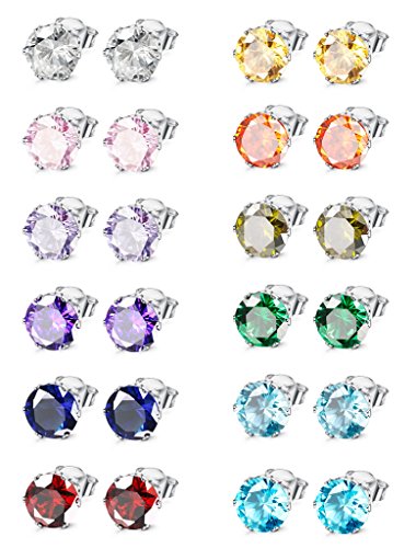 Jstyle Hypoallergenic Stud Earrings for Women Men Surgical Stainless Steel Birthstone Earrings Studs Colorful Cubic Zirconia Earrings Set Womens small Stud Post Earrings for Sensitive Ears - size: 6MM