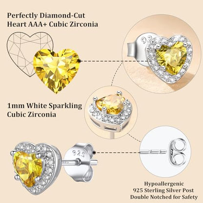 Bestyle 8mm Small Birthstone Earrings for Women with Hypoallergenic Sterling Silver Post,Sparkle Heart/Round Womens Studs Earrings, Great Birthday/Christmas/Anniversary Jewelry for Wife Mother - color: 11. Nov. Yellow Topaz-Heart