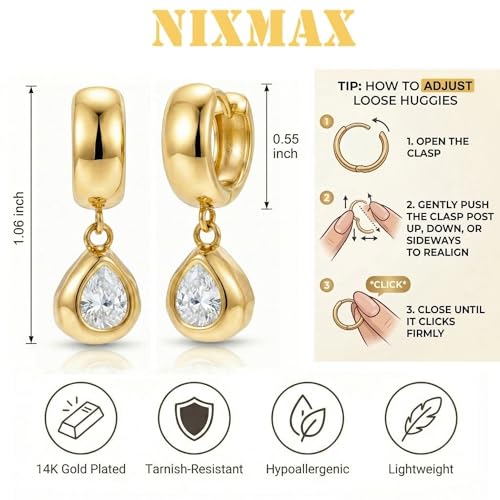 NIXMAX Trendy Gold Dangle Earrings for Women, Chunky Statement CZ Hoops | Bezel-Set Cubic Zirconia Charm, 14K Gold Plated, Lightweight Hypoallergenic Jewelry, Fashion Accessories, Gifts for Women - color: Gold-Chunky Teardrop Hoops