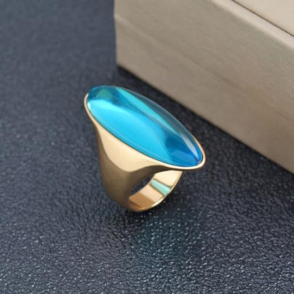 HAIXIAN Exaggerated Gemstone Ring,Big 14K Gold Plated Eye Shape Stone Chunky Statement Ring,Cocktail Party Ring Jewelry Gift for Women - color: A03_Azure