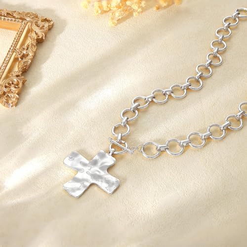 Carffordo Gold Cross Necklaces for Women, Chunky 14K Gold Plated Necklace | Statement Cross Pendant Necklace with Toggle Clasp, Hypoallergenic Waterproof Bold Chain, Trendy Charm Jewelry Gift for Her - color: silver cross