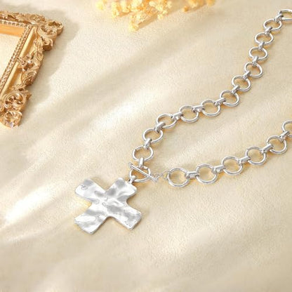 Carffordo Gold Cross Necklaces for Women, Chunky 14K Gold Plated Necklace | Statement Cross Pendant Necklace with Toggle Clasp, Hypoallergenic Waterproof Bold Chain, Trendy Charm Jewelry Gift for Her - color: silver cross