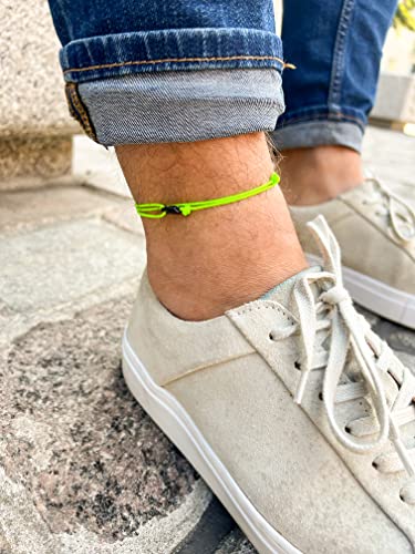 Made by Nami Surfer Anklet with Snap Hook Clasp Waterproof & Adjustable Thin String Ankle Bracelets for Women and Men Handmade Jewelry for Beach and Music Festival Accessories - color: Neon Green Black