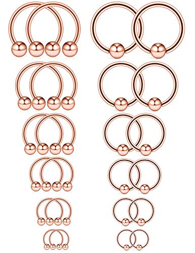 16-24PCS 16G Surgical Steel Horseshoe & Captive Bead Nose Hoop Septum Earring Eyebrow Tongue Lip Nipple Helix Tragus Piercing Jewelry Rings 6-16mm - color: 24PCS - Rose Gold