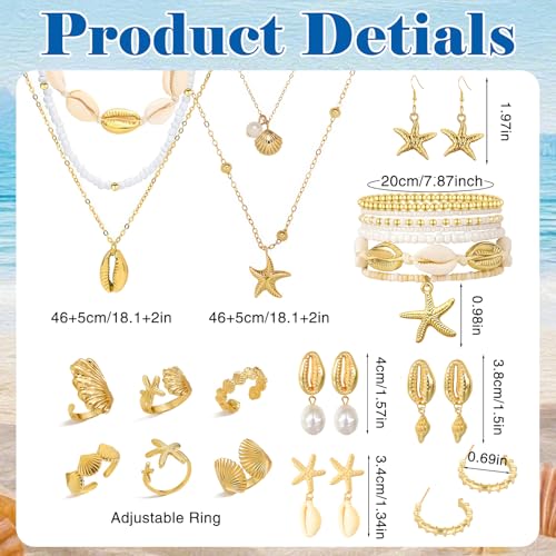 Boho Beach Jewelry Sets for Women | Summer Seashell Starfish Accessories, Necklace, Earrings, Rings Anklet - style: 22pcs Beach Set