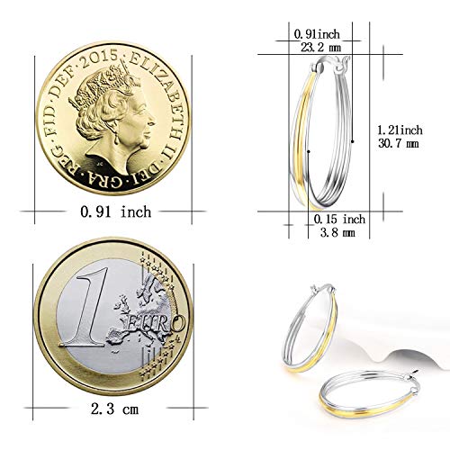Small Sterling Silver Gold Hoop Earrings Oval Grooved Two Tone Hoops Earrings for Women - color: Gold Hoop Earrings