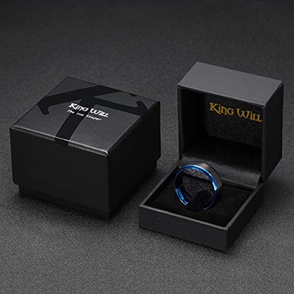 King Will Mens Brushed Wedding Band, Two Tone Matte Step Edges/Pipe Cut, Tungsten Carbide Anniversary Promise Rings Comfort Fit - color: Black&Blue-8mm