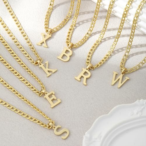 Gold Plated Initial Necklace for Men Letter Pendant Cuban Link Chain | Stainless Steel 4mm 20 Inch Chain Non Tarnish 14K A-Z Capital Name Charm Custom Jewelry Gift - color: S