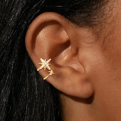 Star 14K Gold Plated Ear Cuff Earrings for Women Non Piercing, Dainty Silver Plated Clip on Cartilage Ear Cuff Non Pierced Trendy CZ Northstar Starburst Sparkling Climber Clawer Earring Jewelry - style: Two Star-Gold